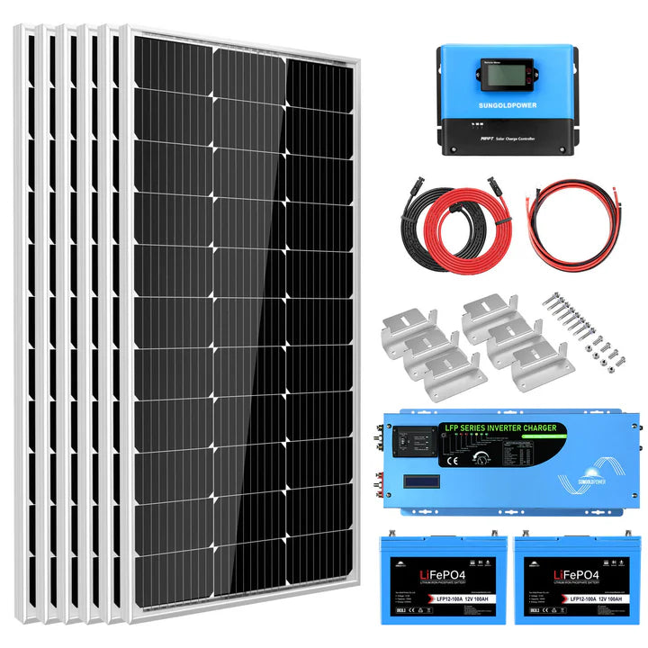 Sungold power off grid solar kit 3000W inverter 12VDC 120V output lifePO4 battery 600 watt solar back up sgk-pro3