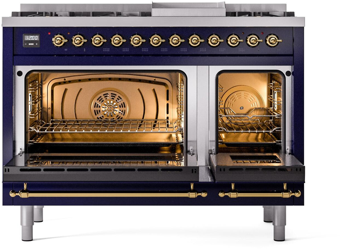 ILVE Nostalgie II 48-Inch Dual Fuel Freestanding Range in Midnight Blue with Brass Trim (UP48FNMPMBGLP)