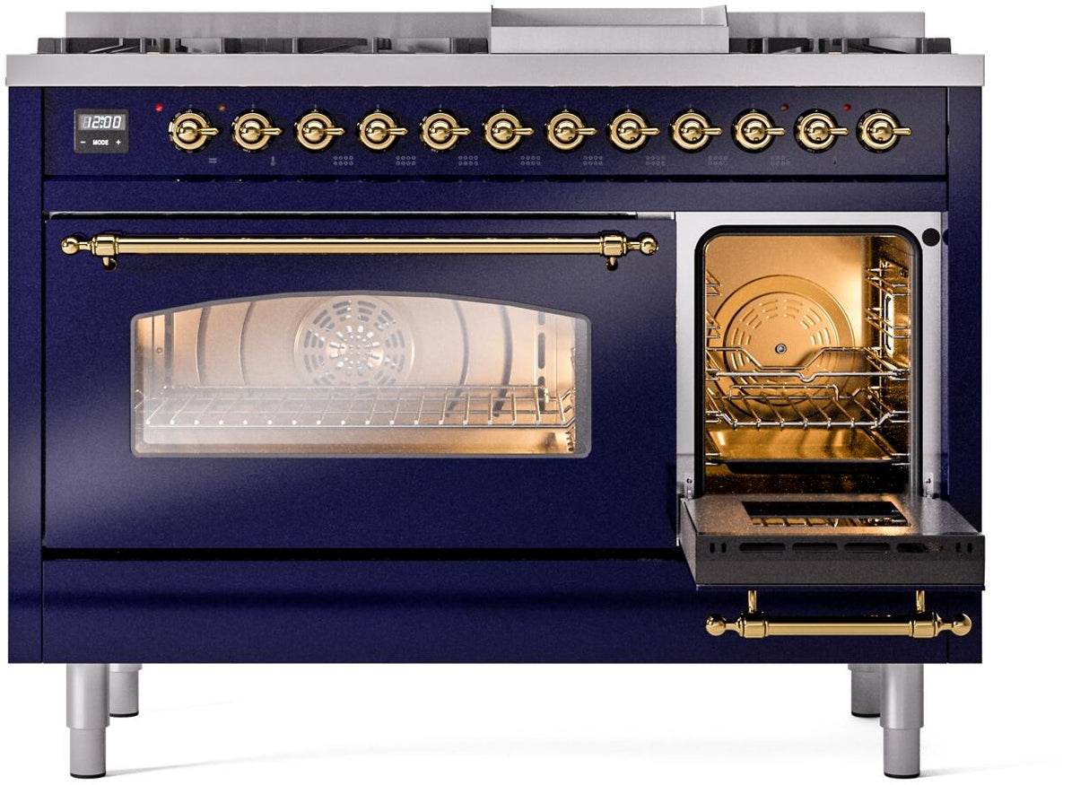 ILVE Nostalgie II 48-Inch Dual Fuel Freestanding Range in Midnight Blue with Brass Trim (UP48FNMPMBGLP)
