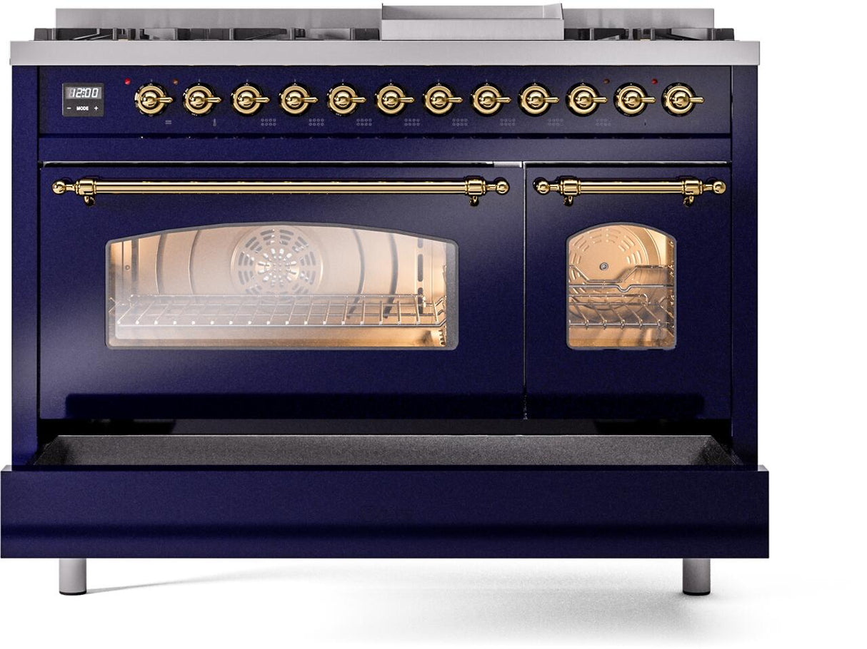 ILVE Nostalgie II 48-Inch Dual Fuel Freestanding Range in Midnight Blue with Brass Trim (UP48FNMPMBGLP)
