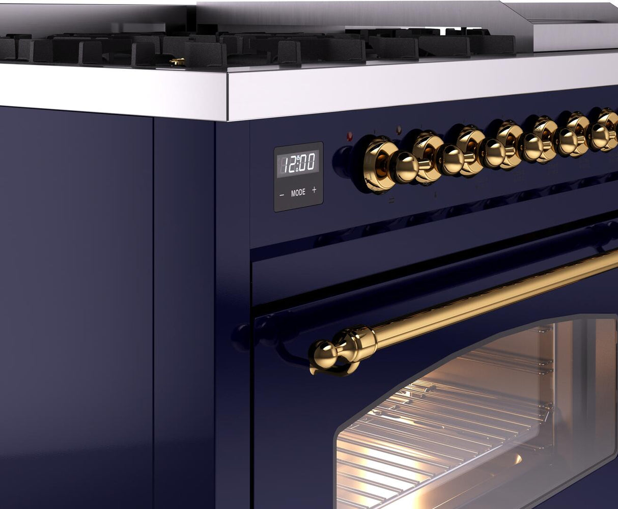 ILVE Nostalgie II 48-Inch Dual Fuel Freestanding Range in Midnight Blue with Brass Trim (UP48FNMPMBGLP)
