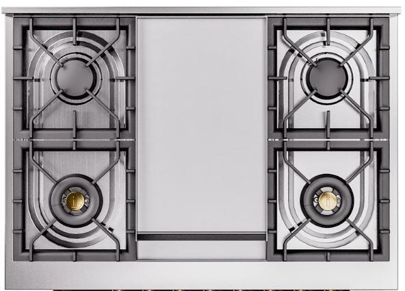 ILVE Nostalgie II 36-Inch Dual Fuel Freestanding Range in Midnight Blue with Brass Trim (UP36FNMPMBGLP)