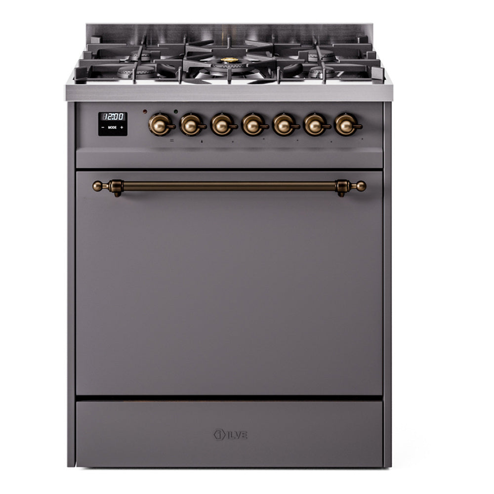 ILVE Nostalgie II 30-Inch Propane Gas Dual Fuel Range with Solid Door in Matte Graphite with Bronze Trim (UP30QNMPMGBLP)