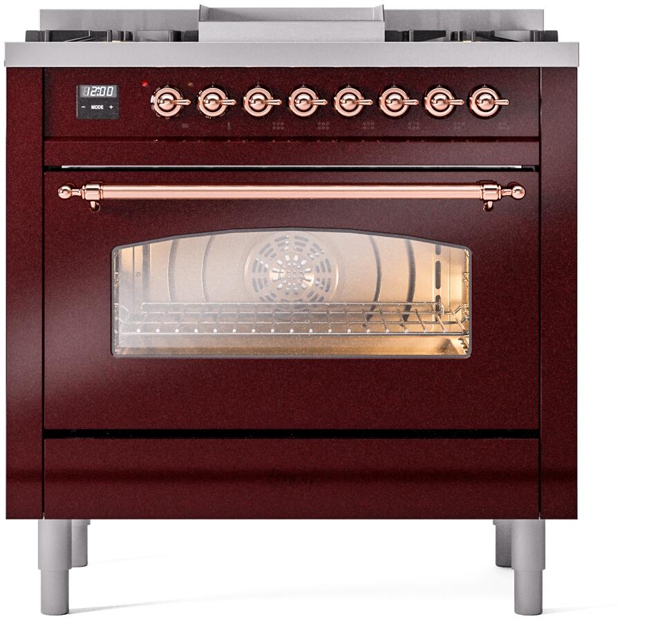 ILVE Nostalgie II 36-Inch Dual Fuel Freestanding Range in Burgundy with Copper Trim (UP36FNMPBUPLP)
