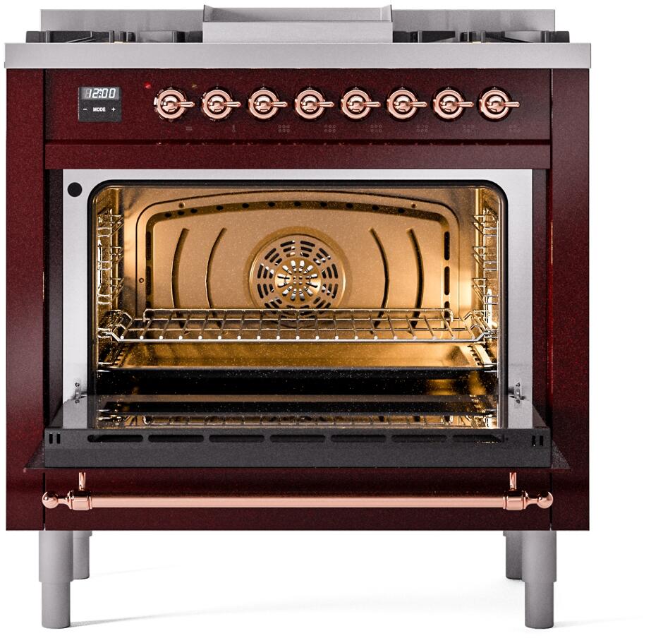 ILVE Nostalgie II 36-Inch Dual Fuel Freestanding Range in Burgundy with Copper Trim (UP36FNMPBUPLP)