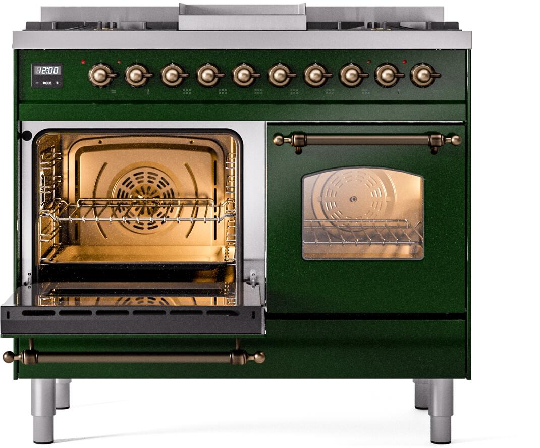ILVE Nostalgie II 40-Inch Dual Fuel Freestanding Range in Emerald Green with Bronze Trim (UPD40FNMPEGBLP)