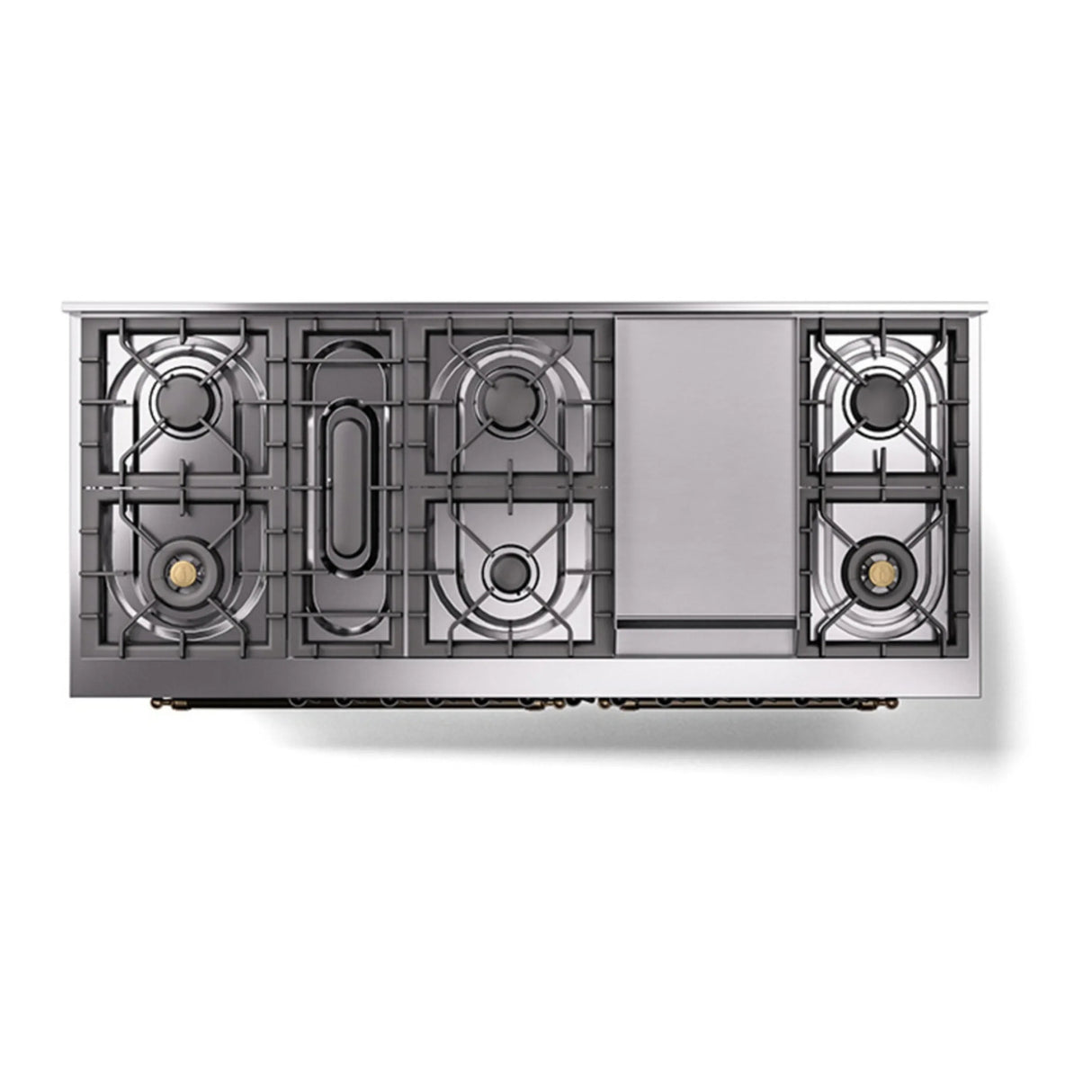 ILVE 60-Inch Nostalgie II Noblesse Natural Gas Dual Fuel Range with 9 Sealed Burners, Griddle, and Solid Door Oven in Midnight Blue with Bronze Trim (UN60FQNMPMBB)