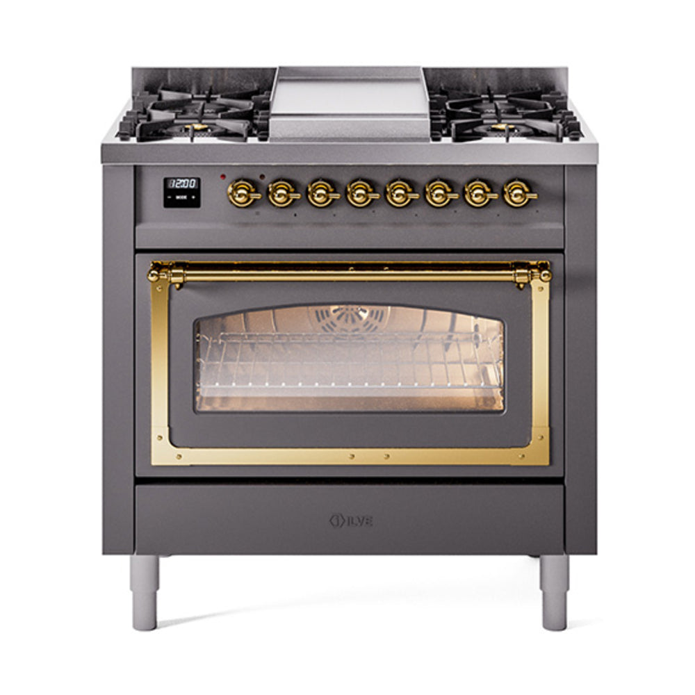 ILVE Nostalgie II Noblesse 36-Inch Propane Gas Dual Fuel Range and Triple Glass Door in Matte Graphite with Brass Trim (UN36FNMPMGGLP)