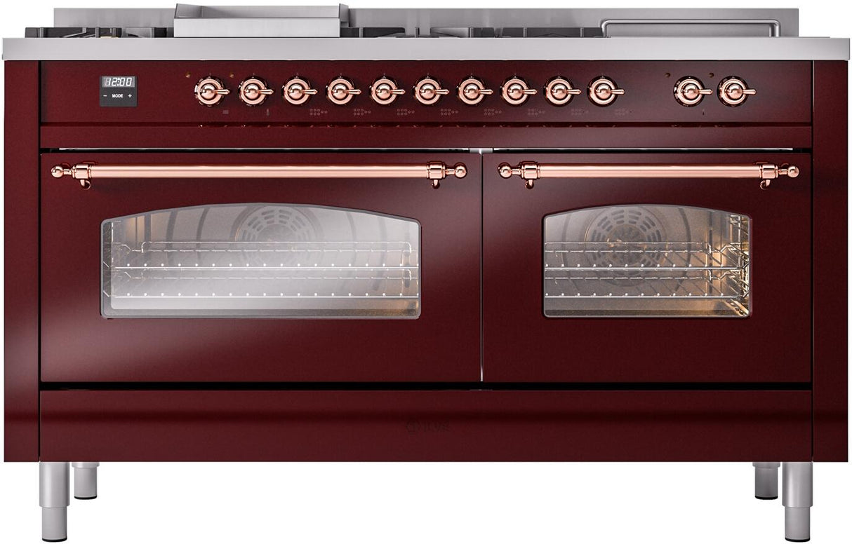 ILVE Nostalgie II 60-Inch Natural Gas Dual Fuel Range with 7 Burners, Griddle, & French Top with Triple Glass Door Oven in Burgundy with Copper Trim (UP60FSNMPBUP)