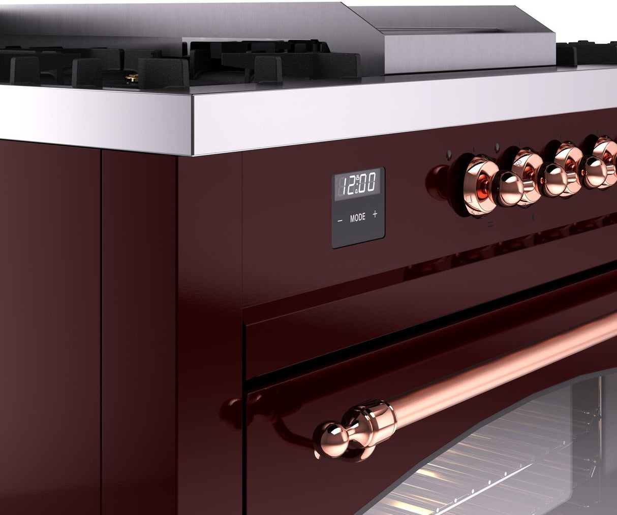 ILVE Nostalgie II 60-Inch Propane Gas Dual Fuel Range with 7 Burners, Griddle, & French Top with Triple Glass Door Oven in Burgundy with Copper Trim (UP60FSNMPBUPLP)