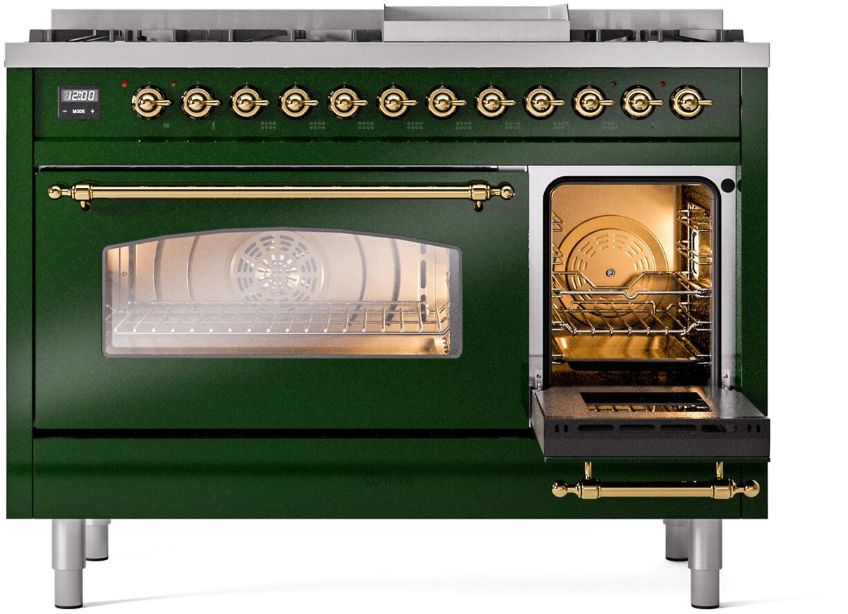 ILVE Nostalgie II 48-Inch Freestanding Natural Gas Dual Fuel Range in Emerald Green with Brass Trim (UP48FNMPEGG)
