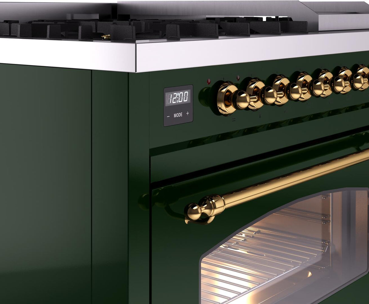 ILVE Nostalgie II 48-Inch Freestanding Natural Gas Dual Fuel Range in Emerald Green with Brass Trim (UP48FNMPEGG)