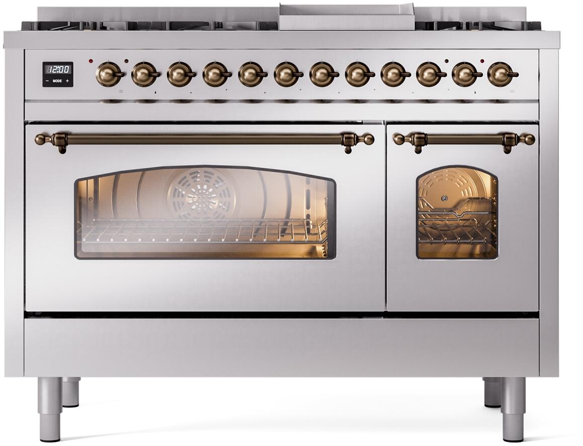ILVE Nostalgie II 48-Inch Freestanding Natural Gas Dual Fuel Range in Stainless Steel with Bronze Trim (UP48FNMPSSB)