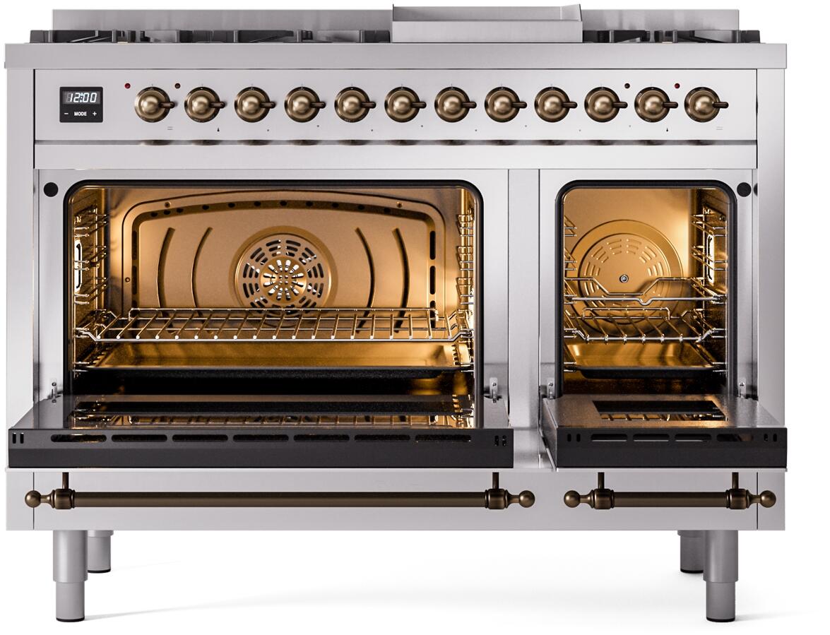 ILVE Nostalgie II 48-Inch Freestanding Natural Gas Dual Fuel Range in Stainless Steel with Bronze Trim (UP48FNMPSSB)