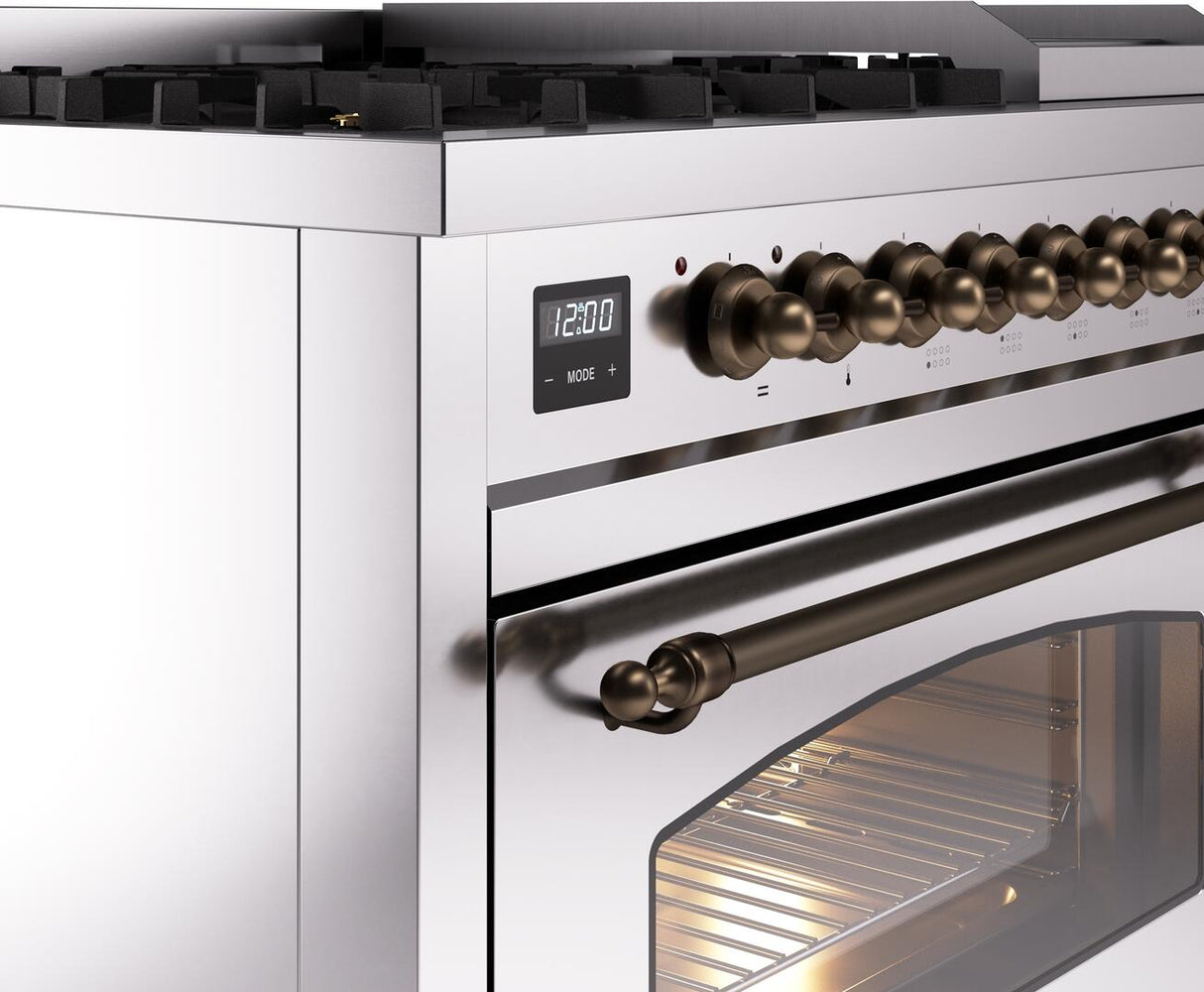 ILVE Nostalgie II 48-Inch Freestanding Natural Gas Dual Fuel Range in Stainless Steel with Bronze Trim (UP48FNMPSSB)