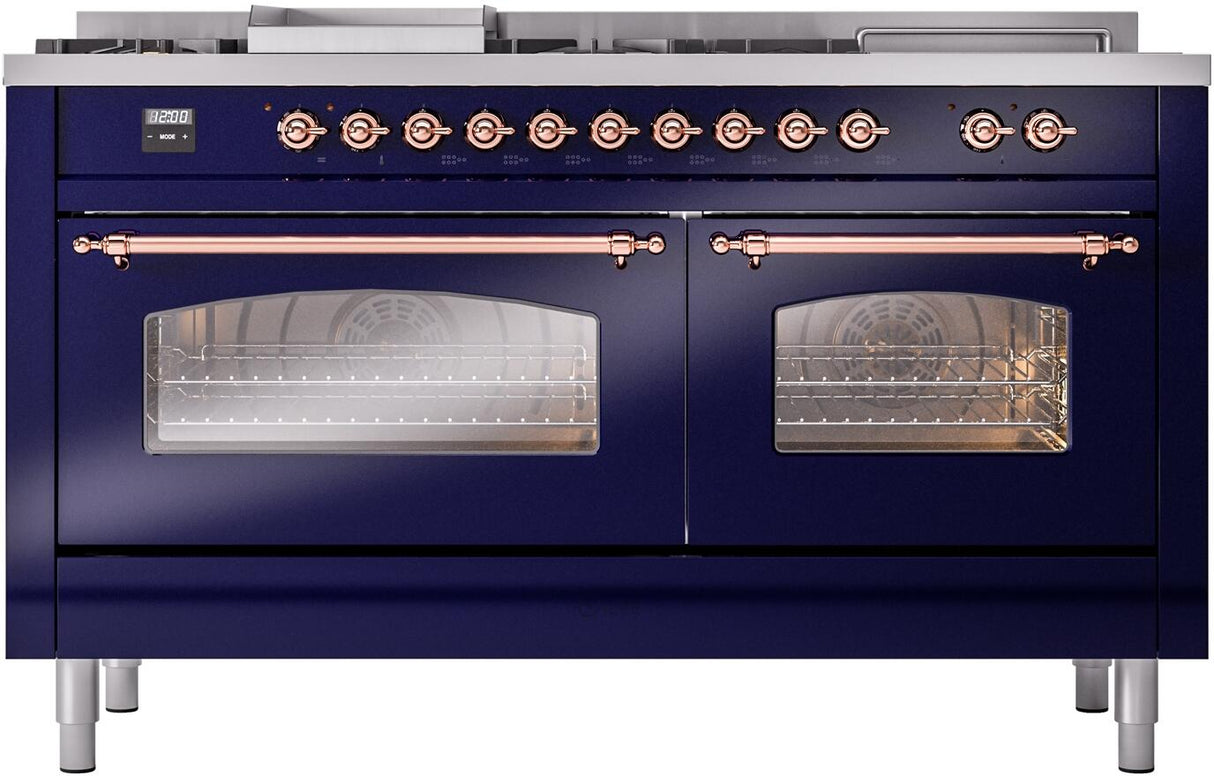ILVE Nostalgie II 60-Inch Natural Gas Dual Fuel Range with 7 Burners, Griddle, & French Top with Triple Glass Door Oven in Midnight Blue with Copper Trim (UP60FSNMPMBP)