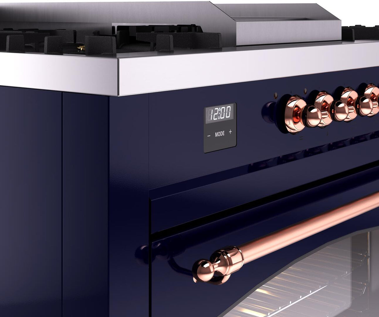 ILVE Nostalgie II 60-Inch Propane Gas Dual Fuel Range with 7 Burners, Griddle, & French Top with Triple Glass Door Oven in Midnight Blue with Copper Trim (UP60FSNMPMBPLP)