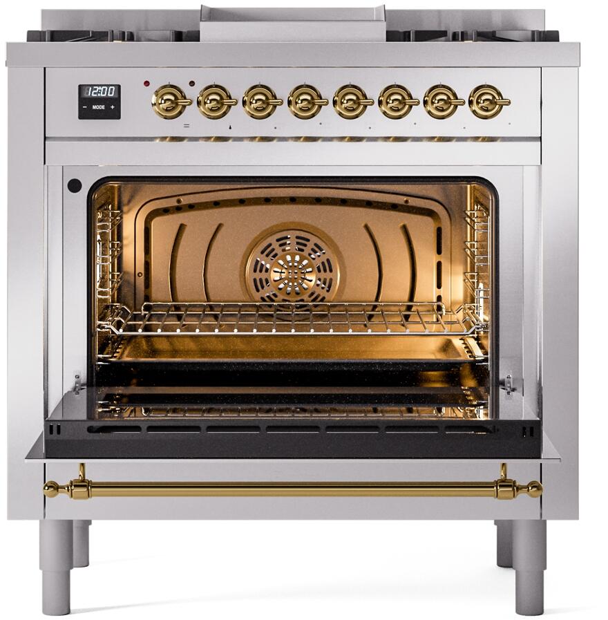 ILVE Nostalgie II 36-Inch Freestanding Natural Gas Dual Fuel Range in Stainless Steel with Brass Trim (UP36FNMPSSG)