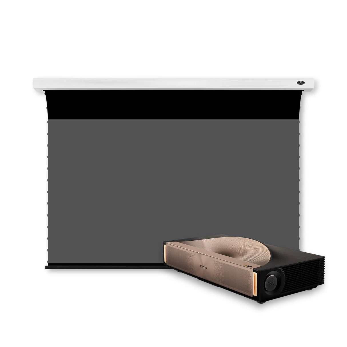BUNDLE Hisense L9Q Triple Laser Ultra Short Throw Projector & VIVIDSTORM PRO Slimline Motorized Tension UST ALR Projector Screen