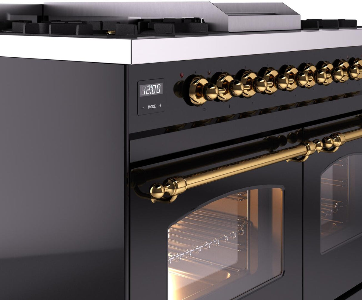 ILVE Nostalgie II 40-Inch Freestanding Natural Gas Dual Fuel Range in Glossy Black with Brass Trim (UPD40FNMPBKG)