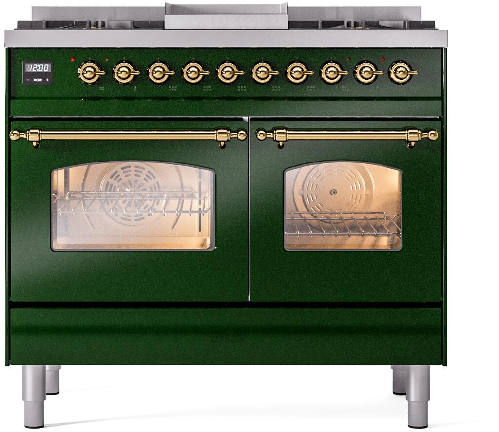 ILVE Nostalgie II 40-Inch Dual Fuel Freestanding Range in Emerald Green with Brass Trim (UPD40FNMPEGGLP)