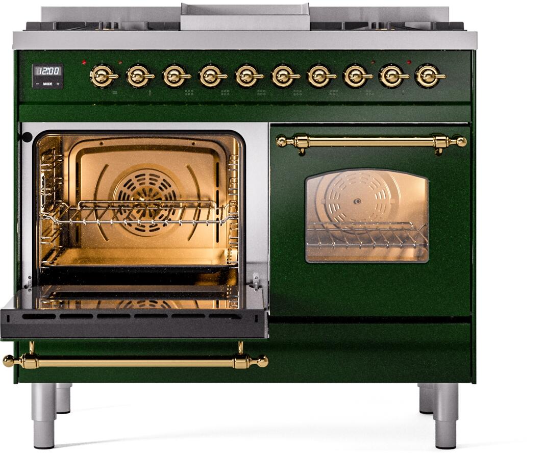 ILVE Nostalgie II 40-Inch Dual Fuel Freestanding Range in Emerald Green with Brass Trim (UPD40FNMPEGGLP)
