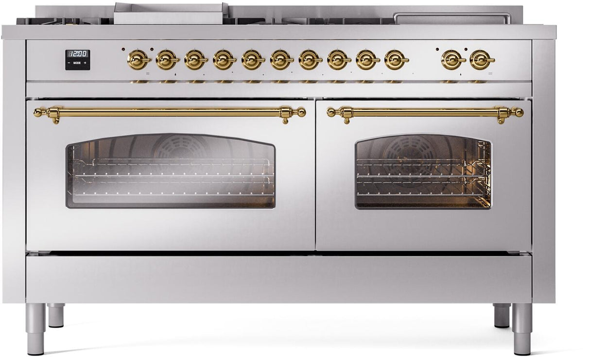 ILVE Nostalgie II 60-Inch Natural Gas Dual Fuel Range with 7 Burners, Griddle, & French Top with Triple Glass Door Oven in Stainless Steel with Brass Trim (UP60FSNMPSSG)