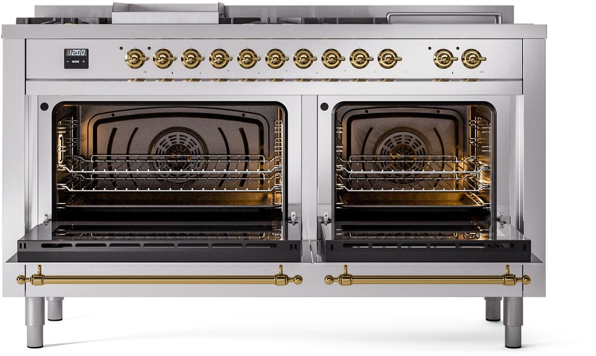 ILVE Nostalgie II 60-Inch Natural Gas Dual Fuel Range with 7 Burners, Griddle, & French Top with Triple Glass Door Oven in Stainless Steel with Brass Trim (UP60FSNMPSSG)