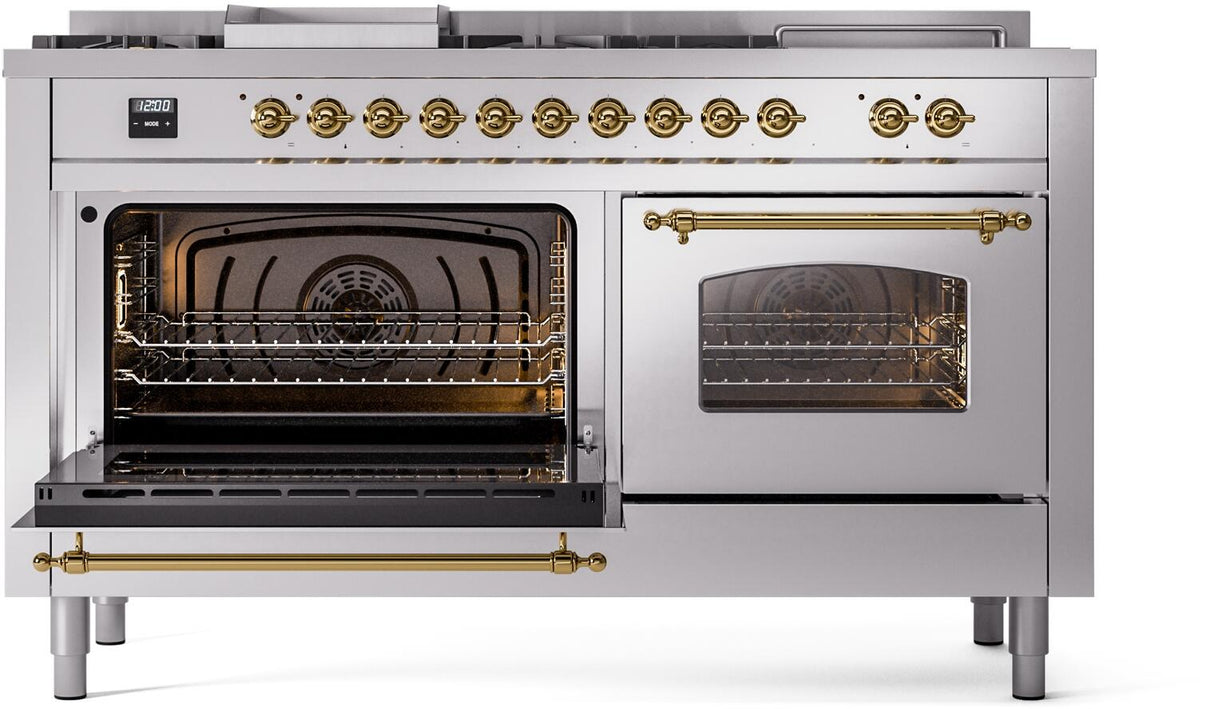 ILVE Nostalgie II 60-Inch Natural Gas Dual Fuel Range with 7 Burners, Griddle, & French Top with Triple Glass Door Oven in Stainless Steel with Brass Trim (UP60FSNMPSSG)