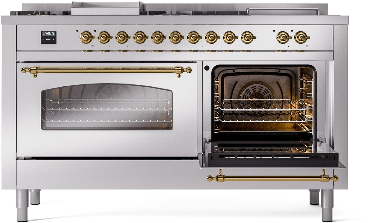 ILVE Nostalgie II 60-Inch Natural Gas Dual Fuel Range with 7 Burners, Griddle, & French Top with Triple Glass Door Oven in Stainless Steel with Brass Trim (UP60FSNMPSSG)