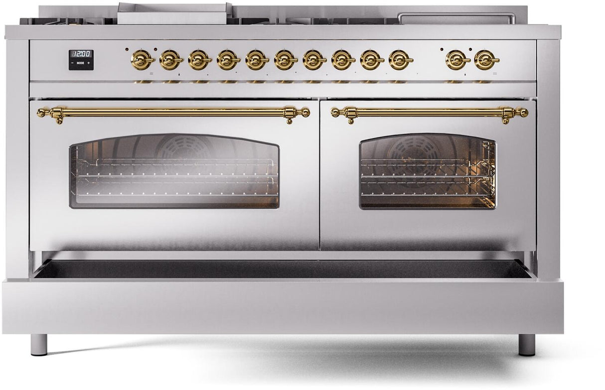 ILVE Nostalgie II 60-Inch Natural Gas Dual Fuel Range with 7 Burners, Griddle, & French Top with Triple Glass Door Oven in Stainless Steel with Brass Trim (UP60FSNMPSSG)