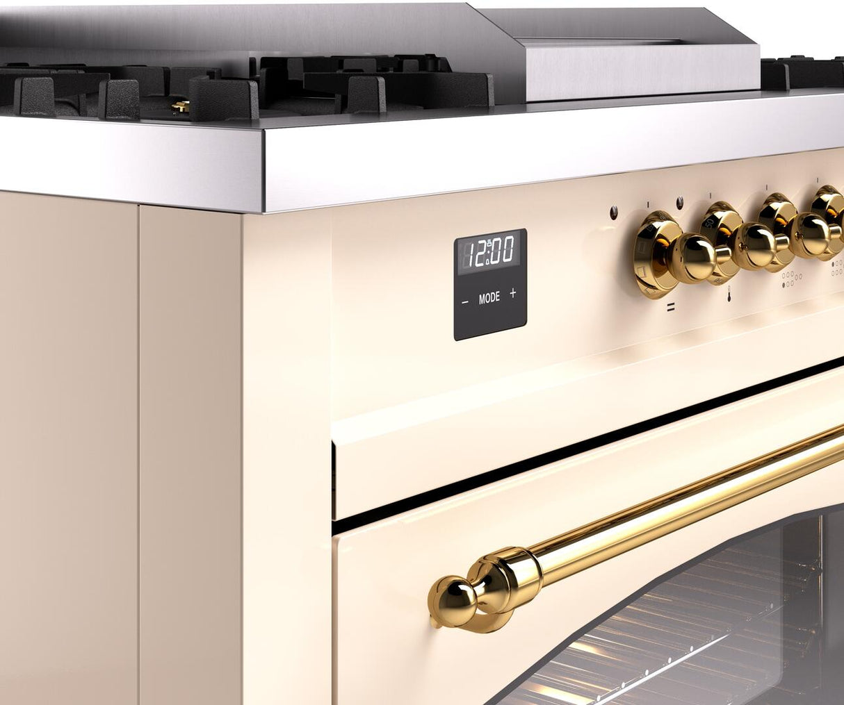 ILVE Nostalgie II 60-Inch Propane Gas Dual Fuel Range with 7 Burners, Griddle, & French Top with Triple Glass Door Oven in Antique White with Brass Trim (UP60FSNMPAWGLP)