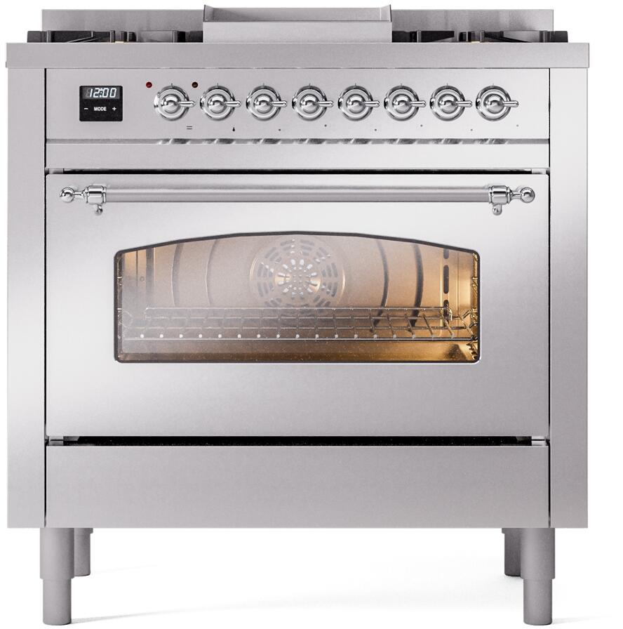 ILVE Nostalgie II 36-Inch Freestanding Natural Gas Dual Fuel Range in Stainless Steel with Chrome Trim (UP36FNMPSSC)