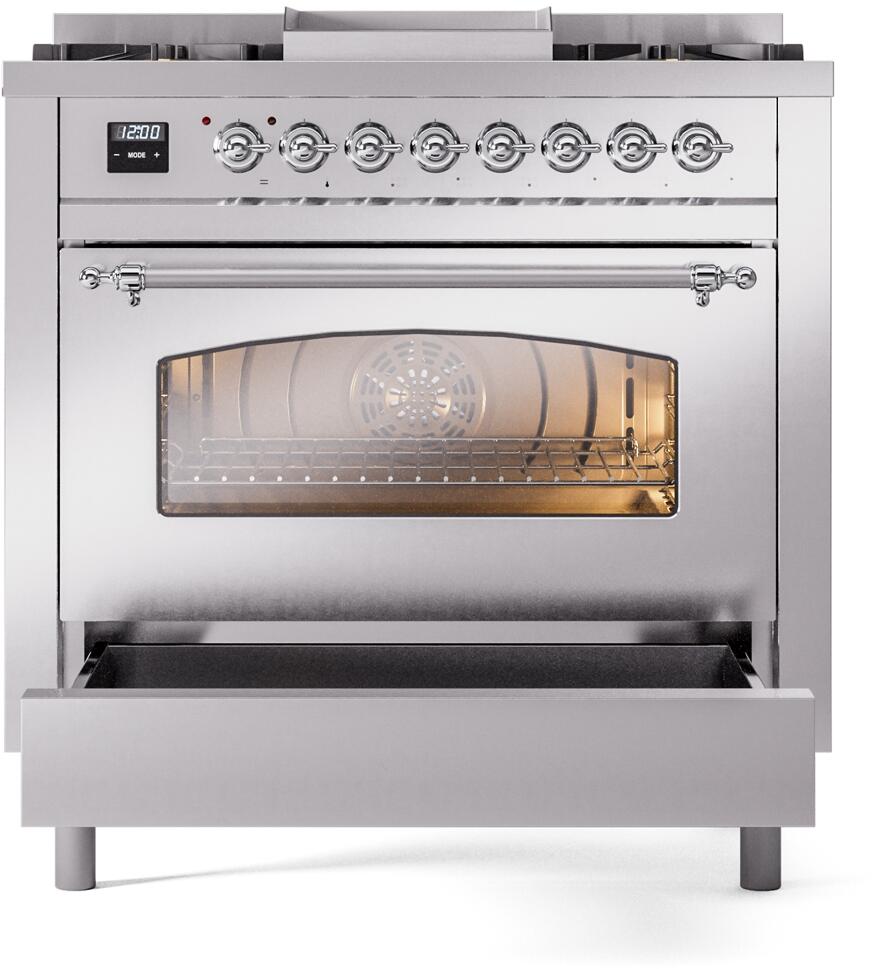 ILVE Nostalgie II 36-Inch Freestanding Natural Gas Dual Fuel Range in Stainless Steel with Chrome Trim (UP36FNMPSSC)
