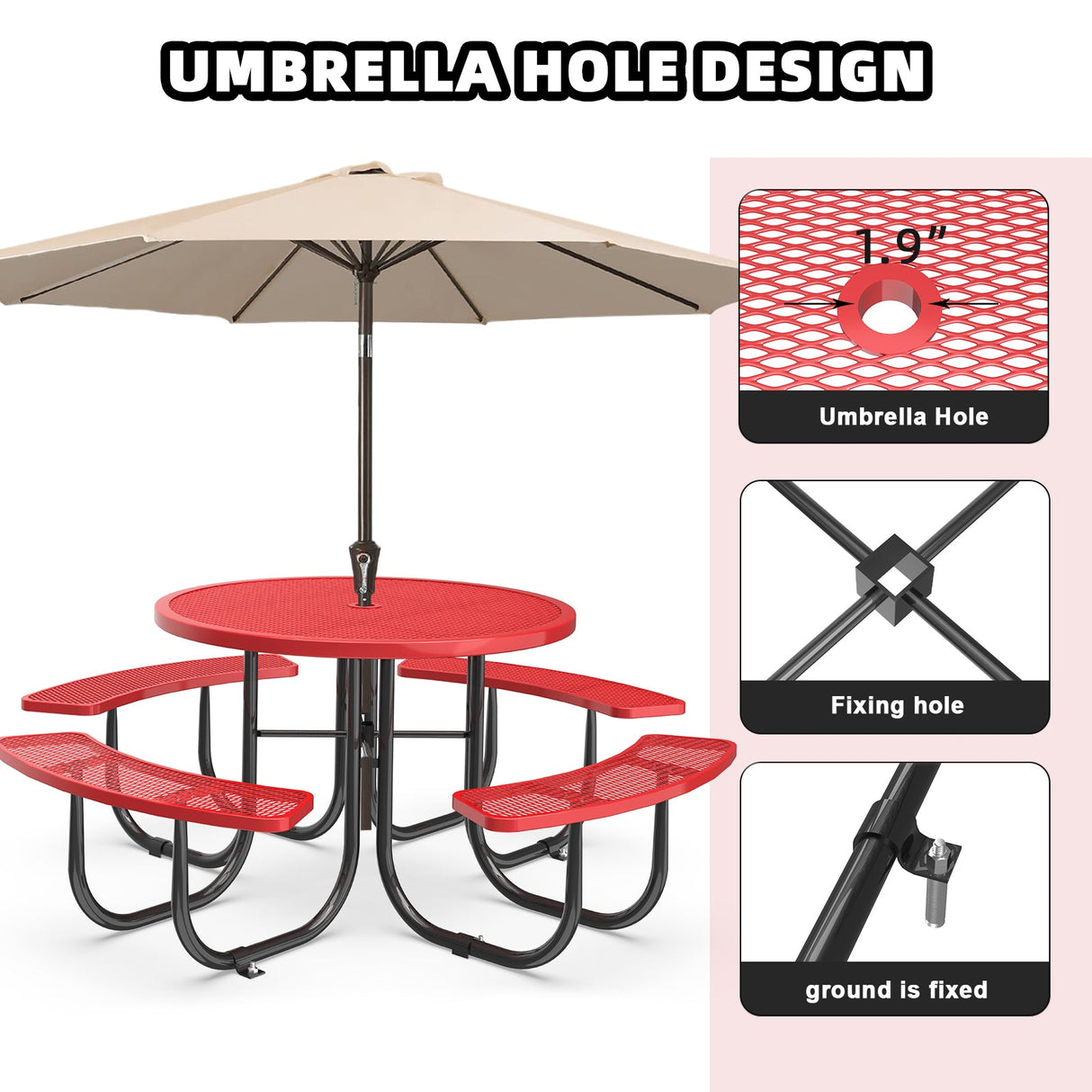 46" Round Picnic Table With Umbrella Hole