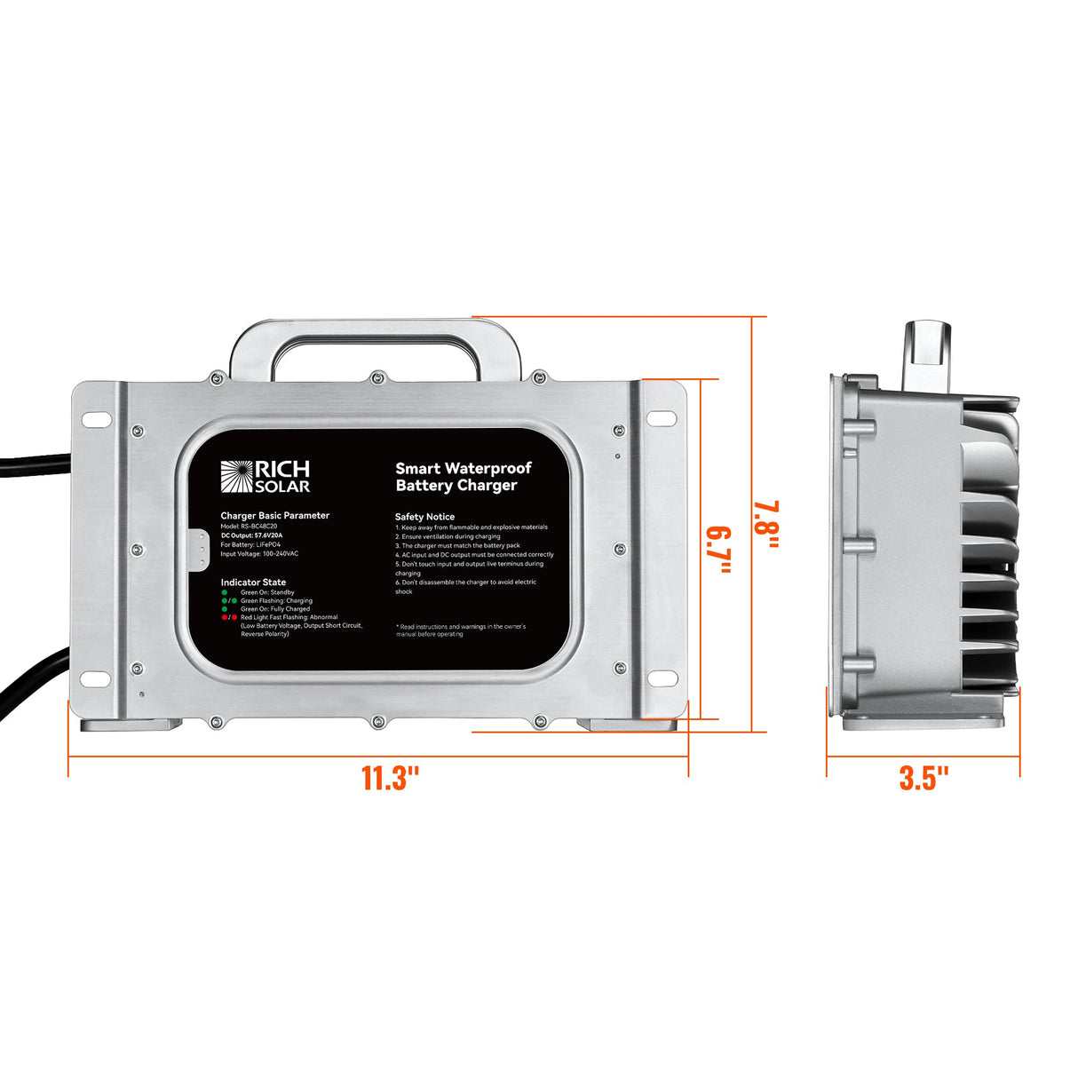 48V (57.6V) Waterproof LiFePO4 Charger | 20A / 25A, 100-240V AC, 8-in-1 Protection, Fan-Cooled