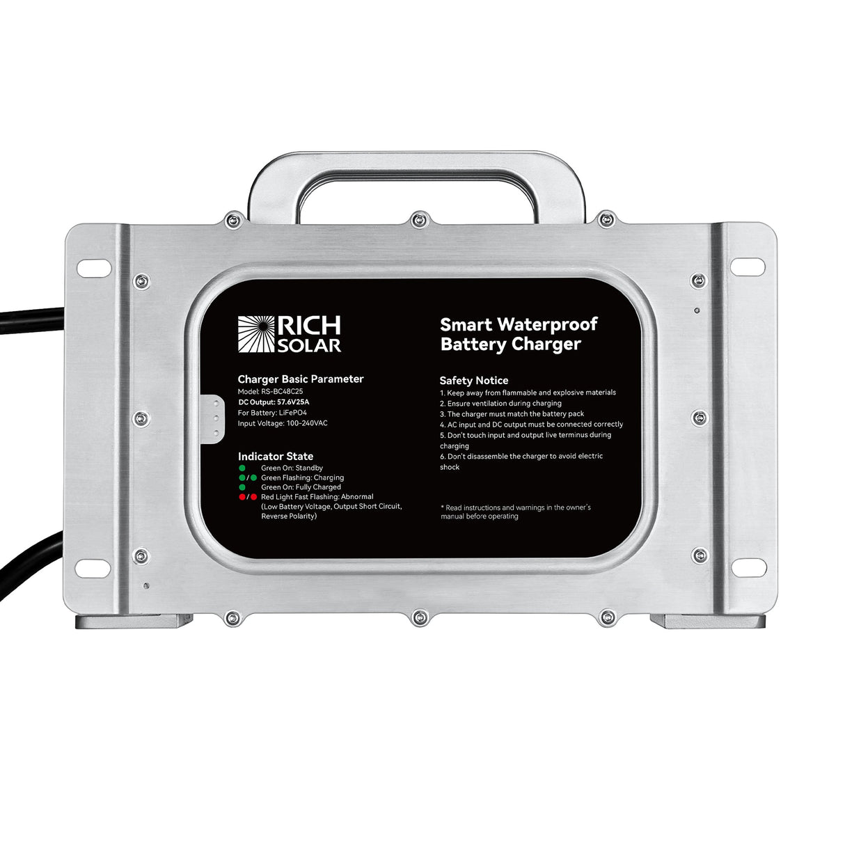 48V (57.6V) Waterproof LiFePO4 Charger | 20A / 25A, 100-240V AC, 8-in-1 Protection, Fan-Cooled