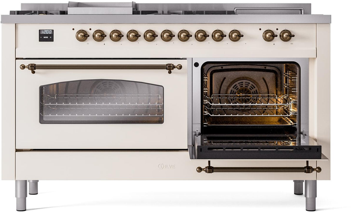 ILVE Nostalgie II 60-Inch Dual Fuel Range with 7 Burners, Griddle, & French Top with Triple Glass Door Oven in Antique White with Bronze Trim (UP60FSNMPAWB)