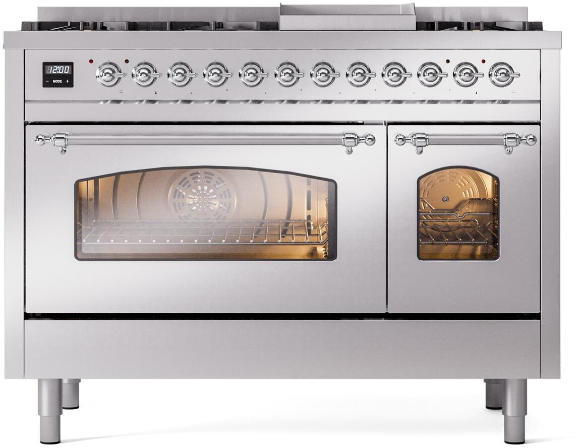 ILVE Nostalgie II 48-Inch Freestanding Natural Gas Dual Fuel Range in Stainless Steel with Chrome Trim (UP48FNMPSSC)