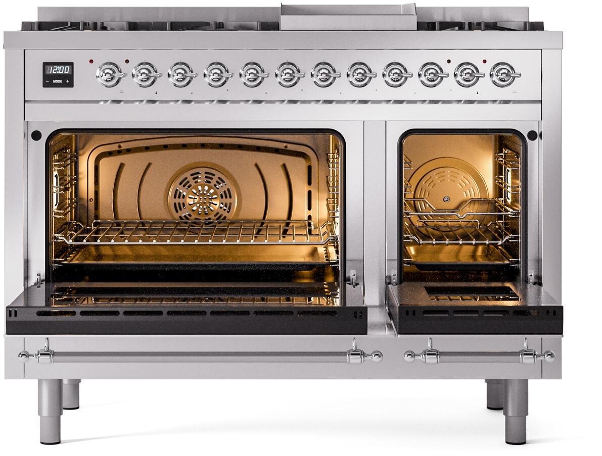 ILVE Nostalgie II 48-Inch Freestanding Natural Gas Dual Fuel Range in Stainless Steel with Chrome Trim (UP48FNMPSSC)
