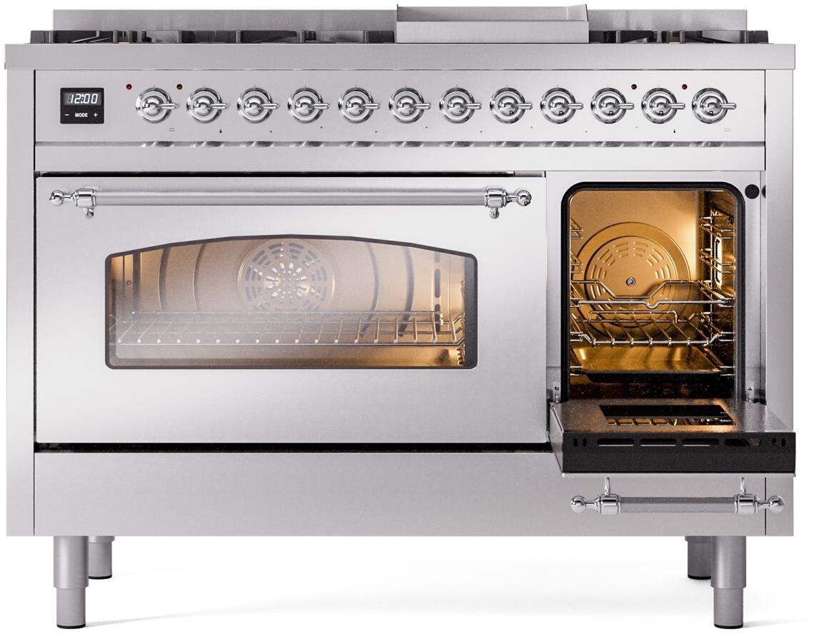 ILVE Nostalgie II 48-Inch Freestanding Natural Gas Dual Fuel Range in Stainless Steel with Chrome Trim (UP48FNMPSSC)