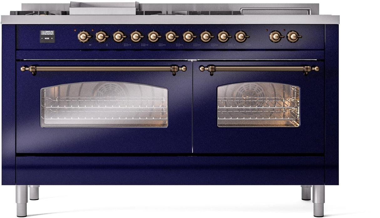 ILVE Nostalgie II 60-Inch Natural Gas Dual Fuel Range with 7 Burners, Griddle, & French Top with Triple Glass Door Oven in Midnight Blue with Bronze Trim (UP60FSNMPMBB)