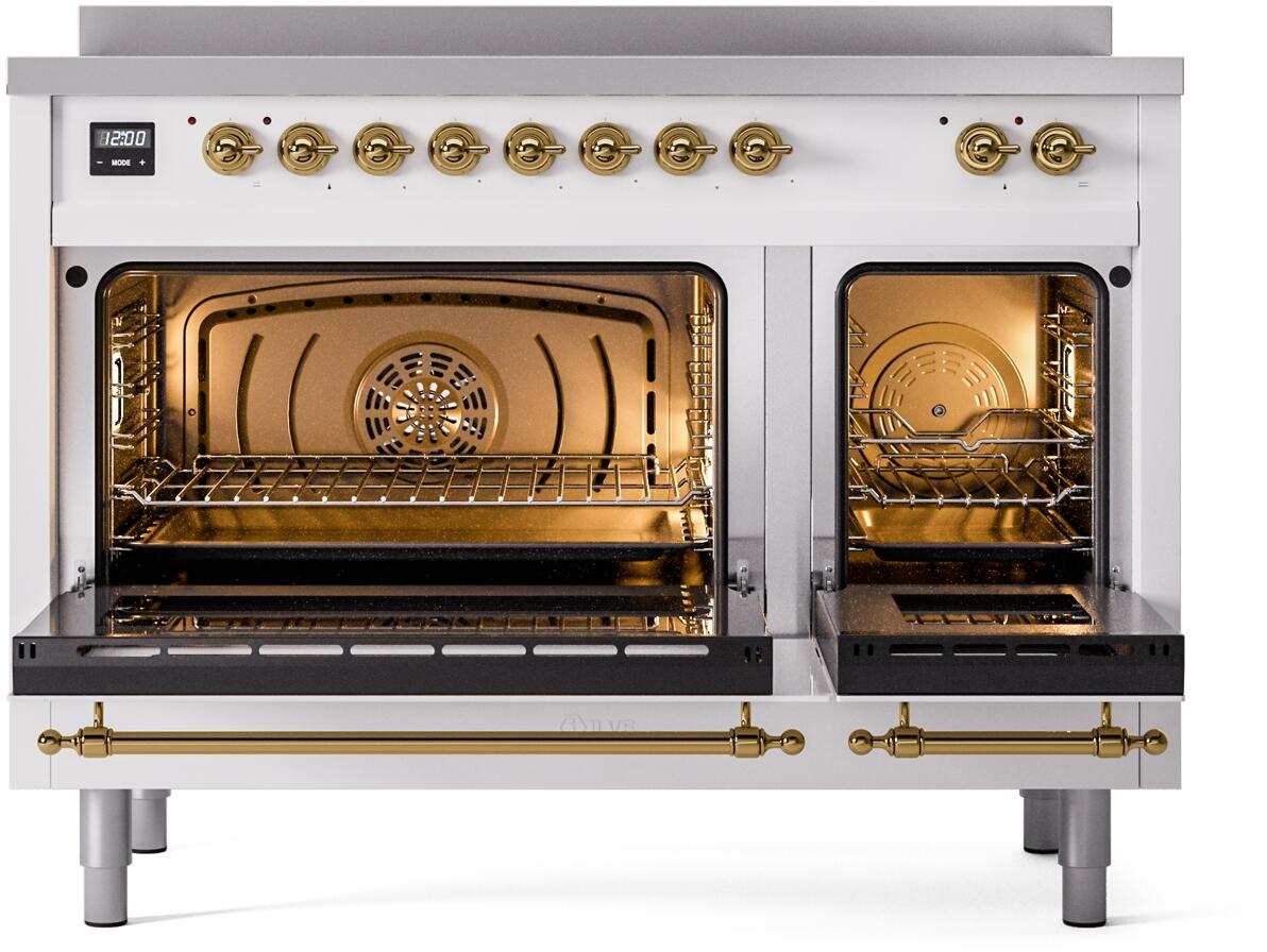 ILVE Nostalgie II 48-Inch Limited Edition Induction Range in White with Brass Trim (UPI486NMPWHG)