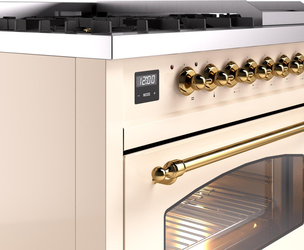 ILVE Nostalgie II 48-Inch Freestanding Natural Gas Dual Fuel Range in Antique White with Brass Trim (UP48FNMPAWG)