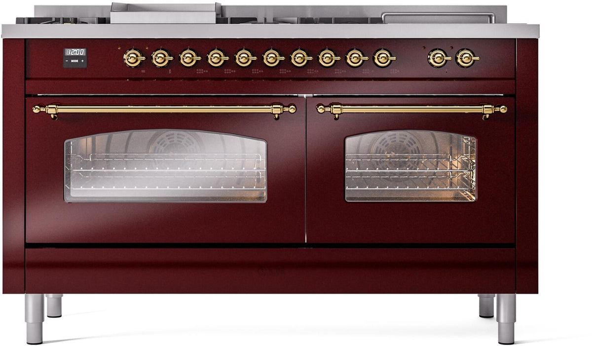 ILVE Nostalgie II 60-Inch Propane Gas Dual Fuel Range with 7 Burners, Griddle, & French Top with Triple Glass Door Oven in Burgundy with Brass Trim (UP60FSNMPBUGLP)