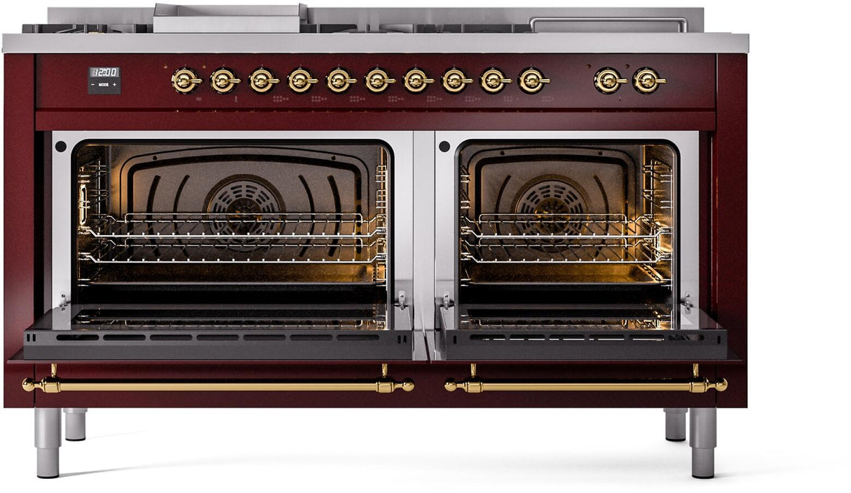 ILVE Nostalgie II 60-Inch Propane Gas Dual Fuel Range with 7 Burners, Griddle, & French Top with Triple Glass Door Oven in Burgundy with Brass Trim (UP60FSNMPBUGLP)