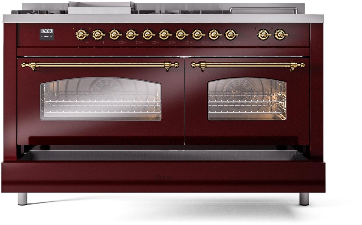 ILVE Nostalgie II 60-Inch Propane Gas Dual Fuel Range with 7 Burners, Griddle, & French Top with Triple Glass Door Oven in Burgundy with Brass Trim (UP60FSNMPBUGLP)