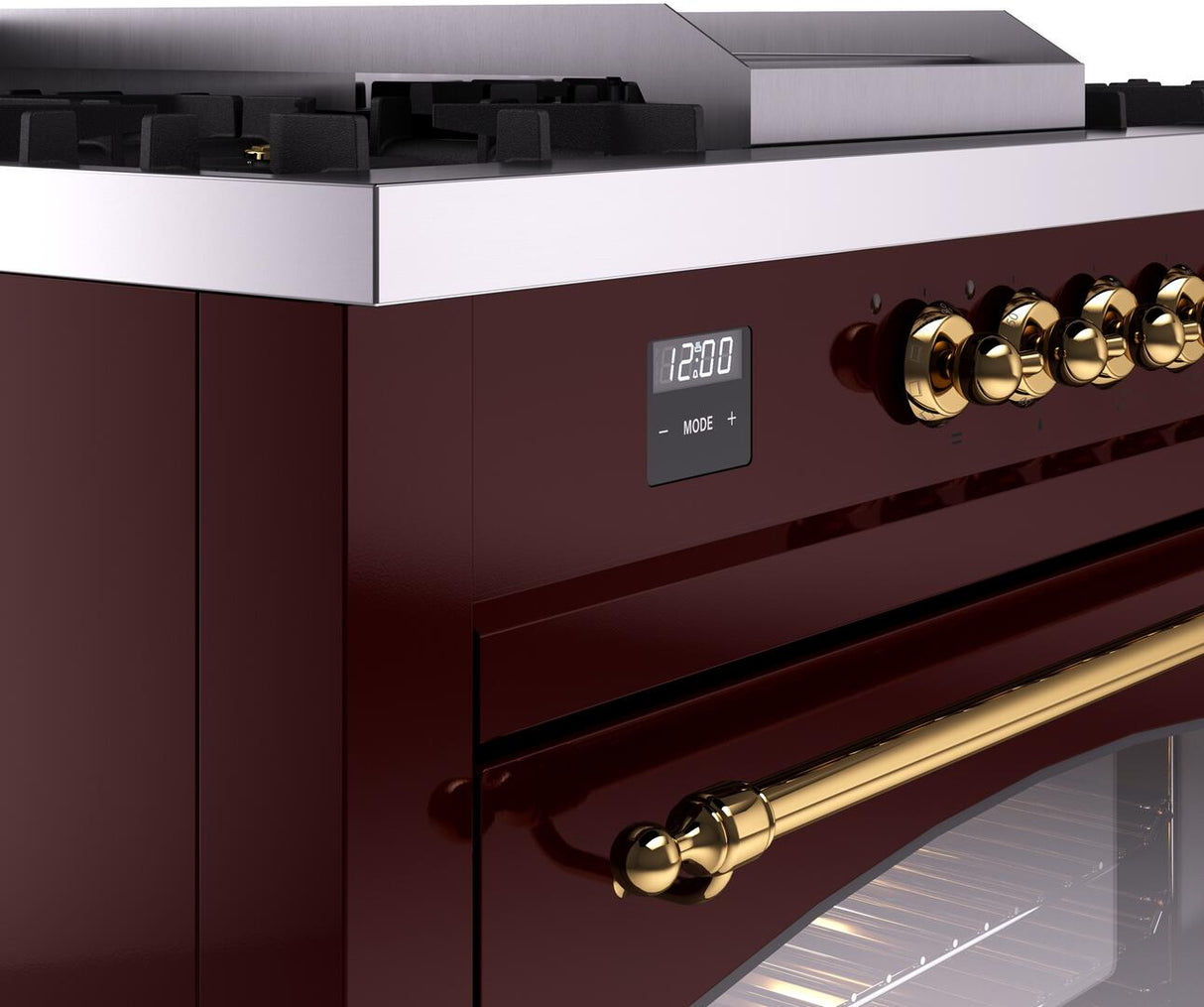 ILVE Nostalgie II 60-Inch Propane Gas Dual Fuel Range with 7 Burners, Griddle, & French Top with Triple Glass Door Oven in Burgundy with Brass Trim (UP60FSNMPBUGLP)