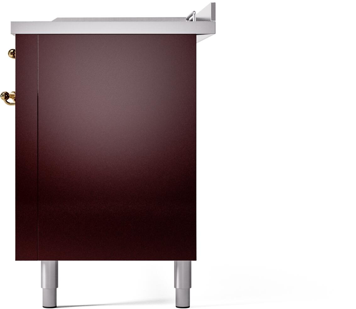 ILVE Nostalgie II 60-Inch Propane Gas Dual Fuel Range with 7 Burners, Griddle, & French Top with Triple Glass Door Oven in Burgundy with Brass Trim (UP60FSNMPBUGLP)