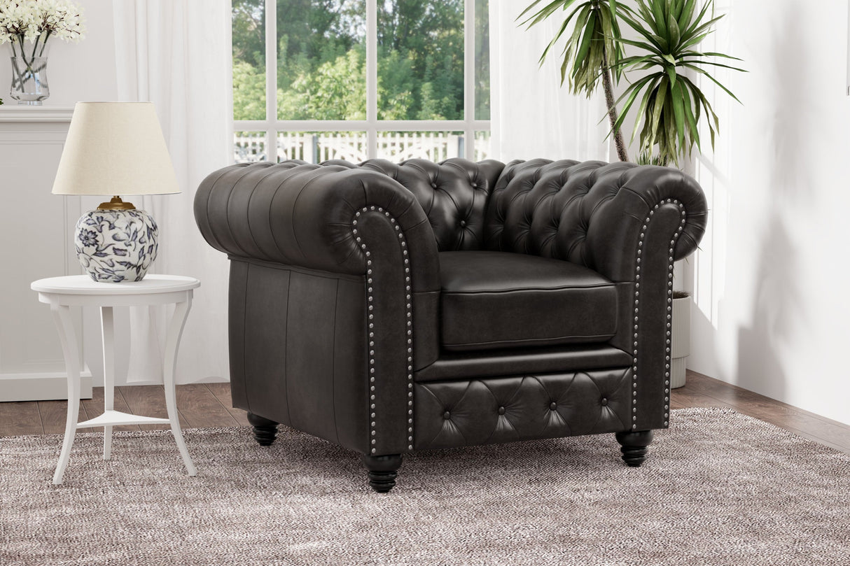 Valencia Parma Full Aniline Leather Chesterfield Single Sofa Accent Chair, Black